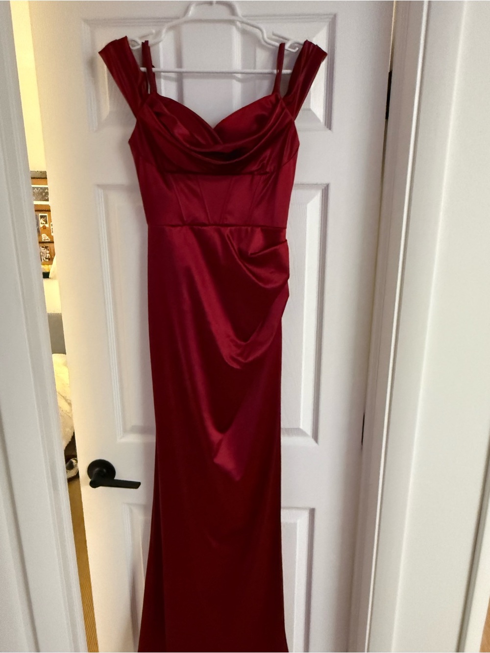 Red Satin Cowl-Neck Formal Dress in Deep Red